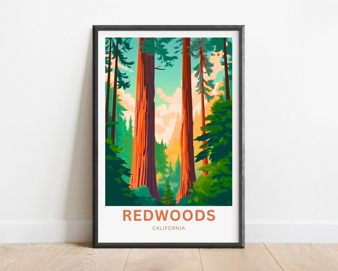 Redwoods California Travel Poster Towering Ancient Redwood Forest Art