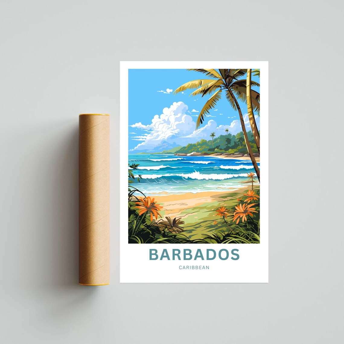 Barbados Caribbean Beach Palm Trees Ocean Surf Travel Poster - Image 4