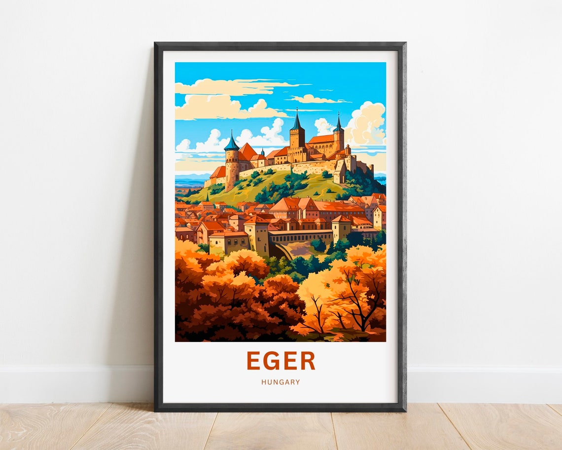 Eger Hungary Vintage Travel Poster Castle Hill Autumn Cityscape