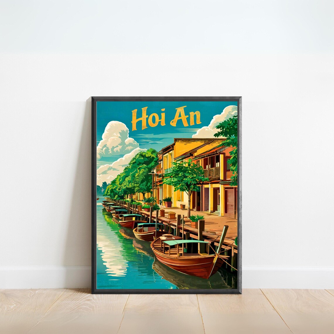 Hoi An Vietnam Riverside Boats Old Town Vintage Travel Poster