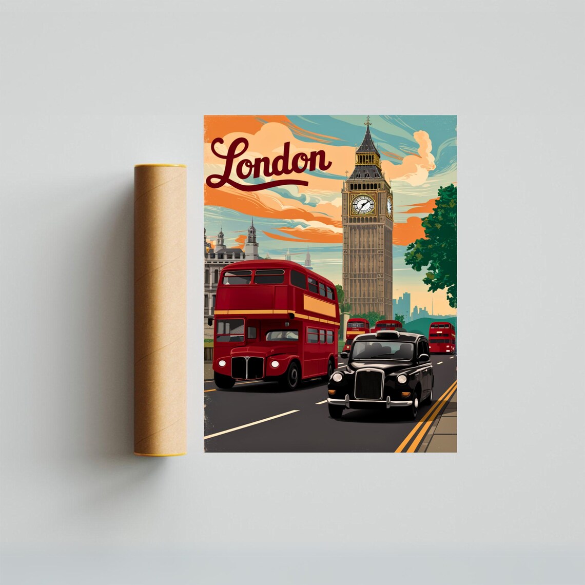 London England Vintage Retro Big Ben Red Bus and Black Cab Poster - Image 3