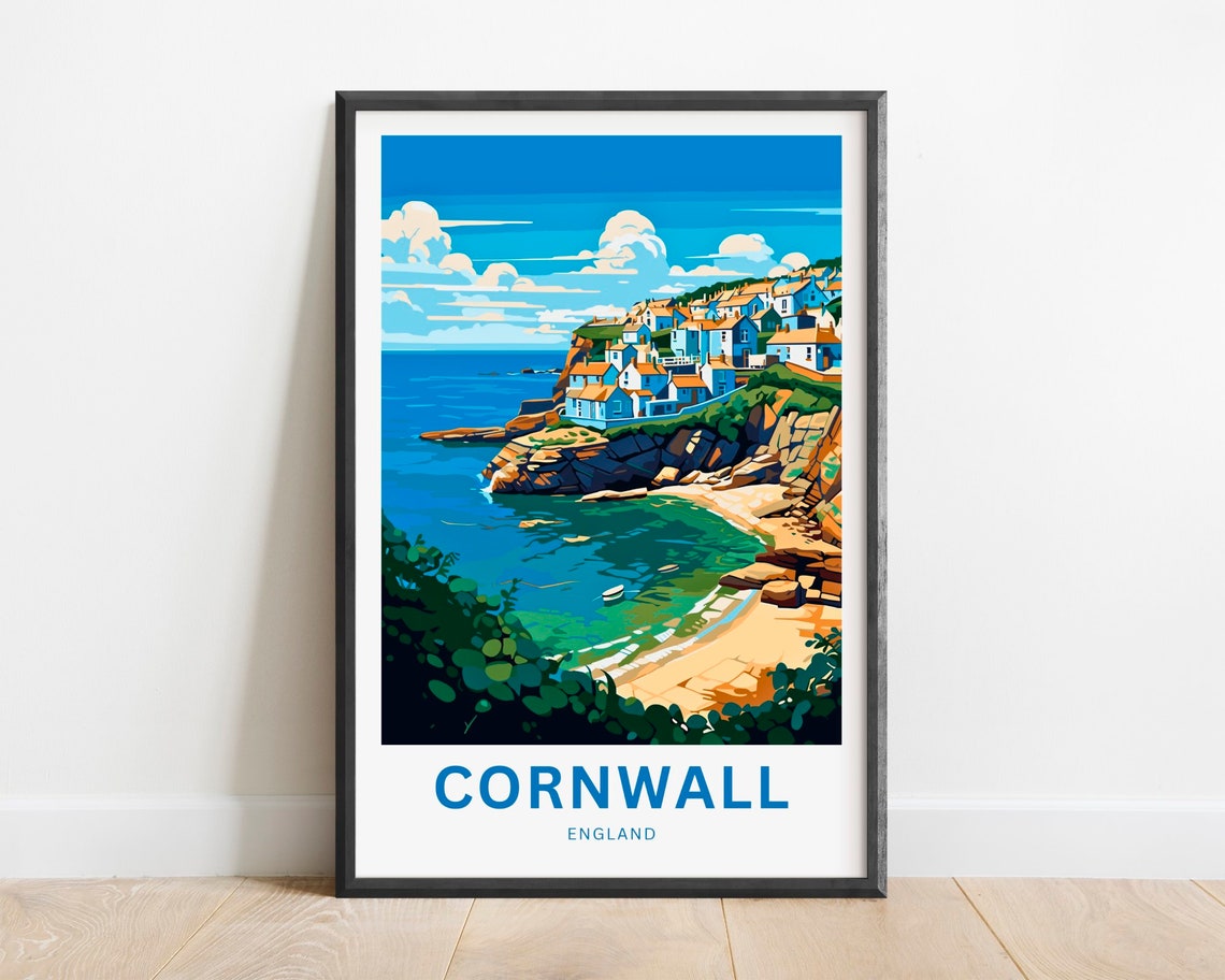 Cornwall England Cliffside Village Over Turquoise Bay Poster