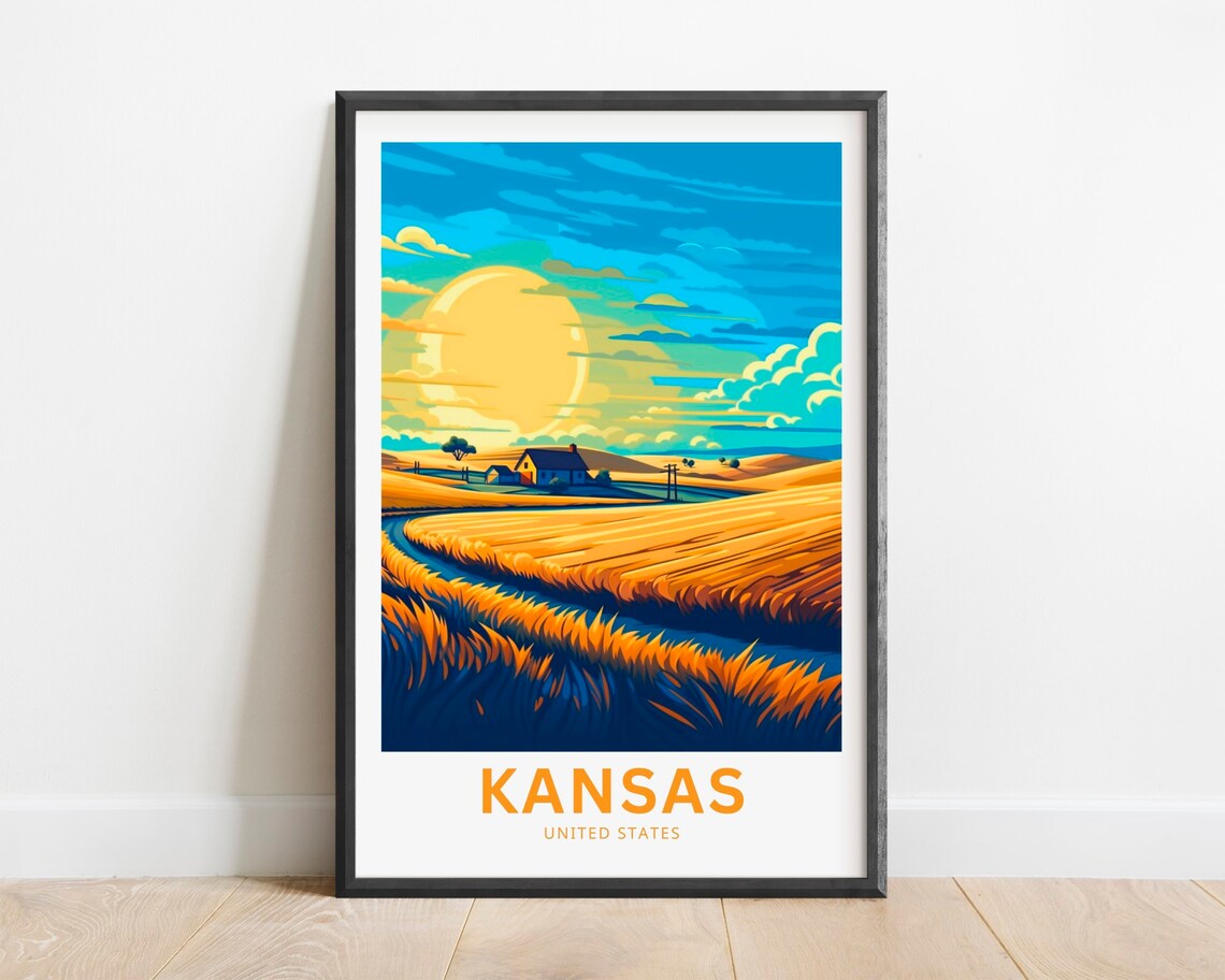 Kansas Golden Wheat Field Farmhouse Sunset Prairie Travel Poster