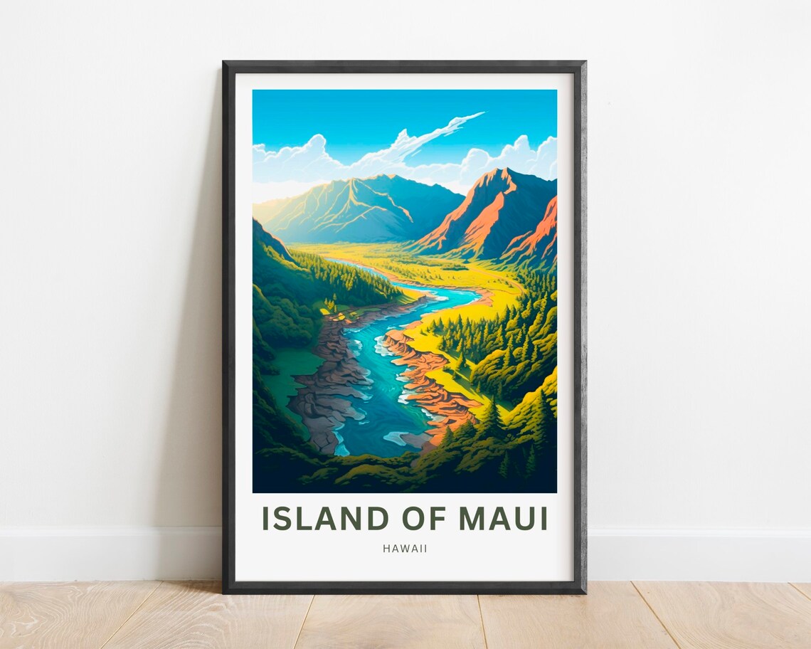 Island of Maui Hawaii Lush Valley River Mountain Travel Poster