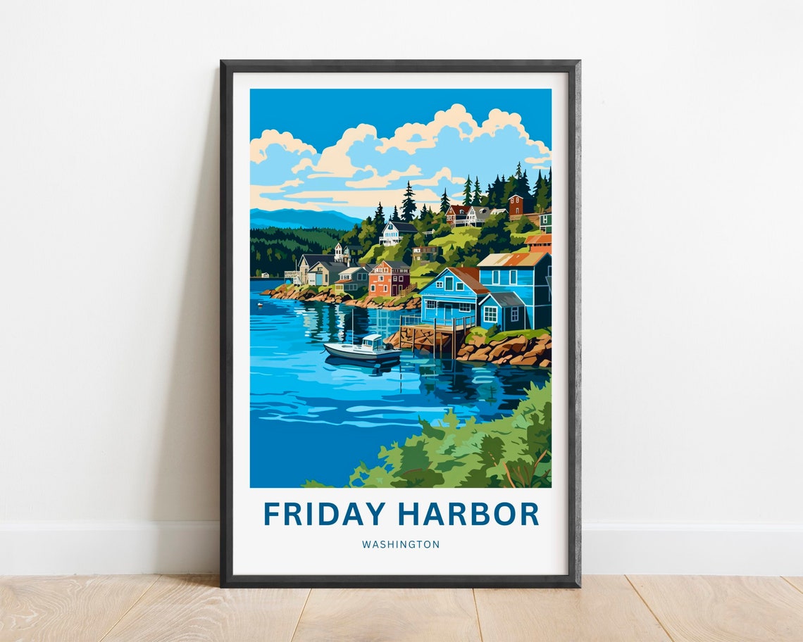 Friday Harbor Washington Waterfront Cottages Boat Poster Artwork
