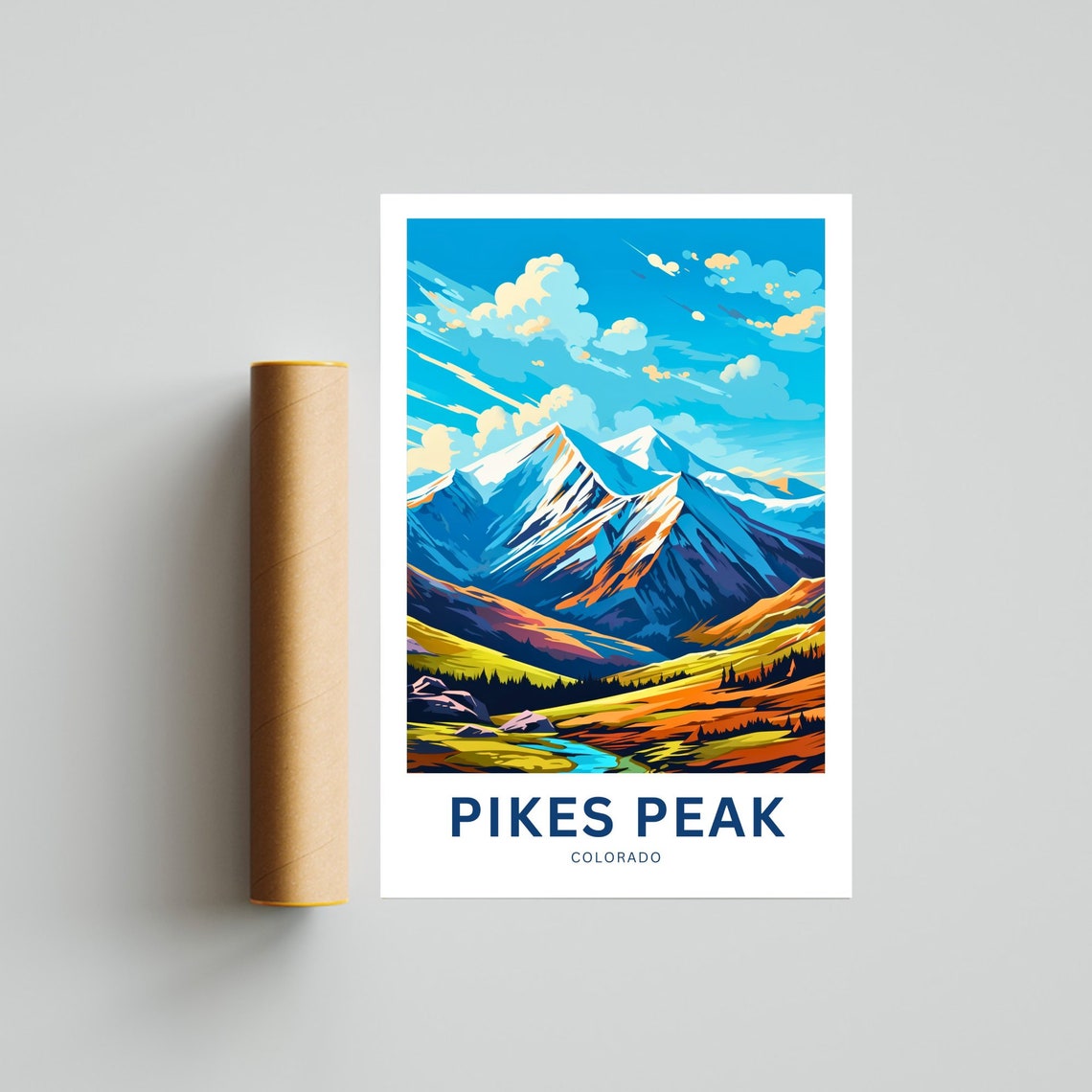 Pikes Peak Colorado Snowy Summit Over Golden Valley Retro Poster - Image 4