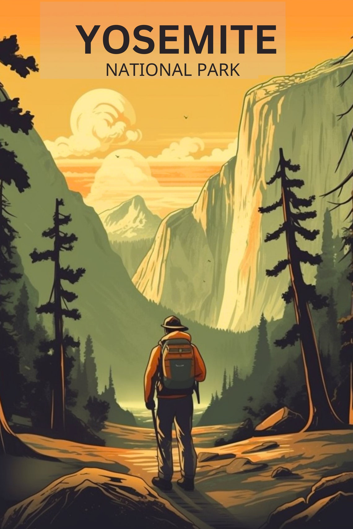 Yosemite National Park Hiker Valley Cliffs Sunset Travel Poster - Image 3