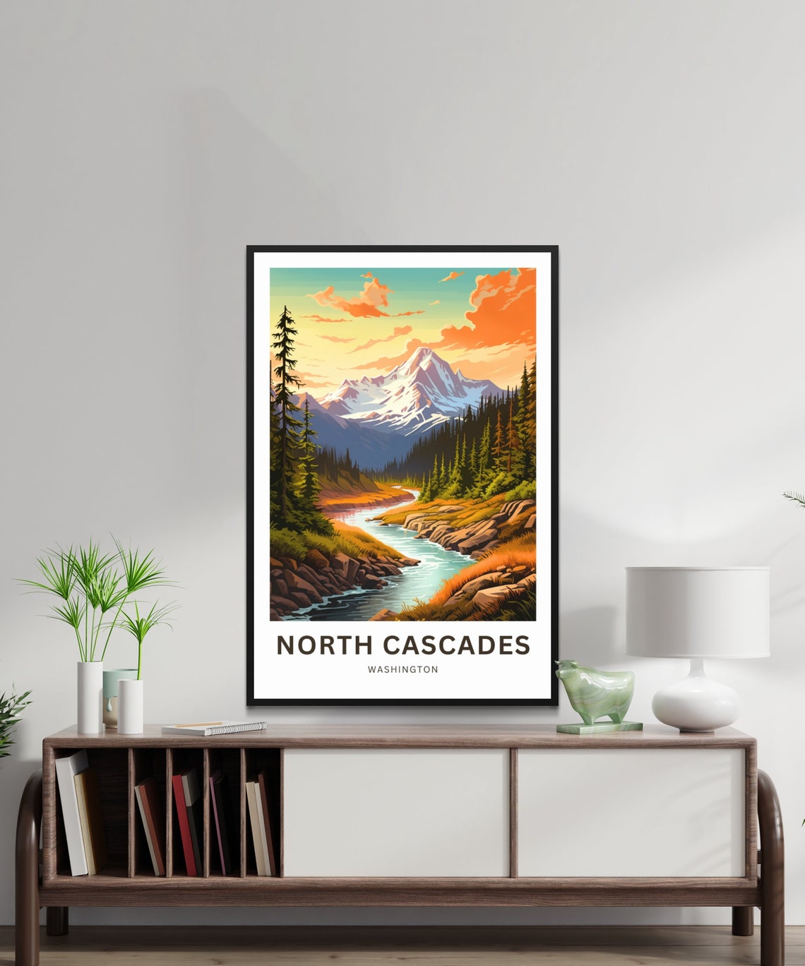 North Cascades Washington Sunset River Valley Retro Mountain Poster - Image 2