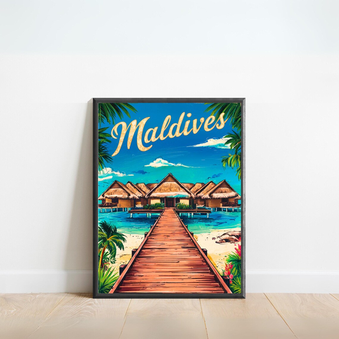 Maldives Overwater Bungalows and Wooden Jetty Retro Travel Poster