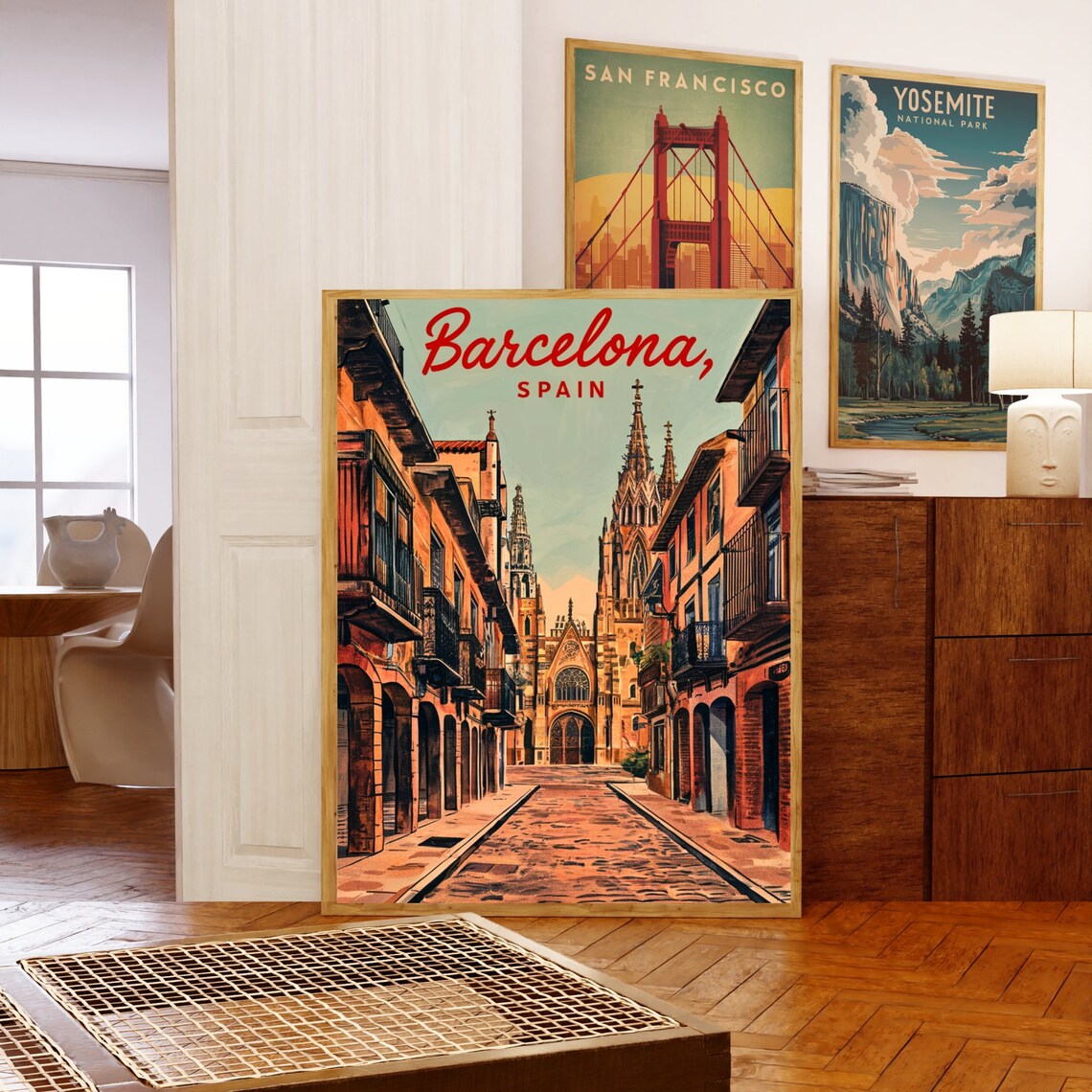 Barcelona Spain Gothic Cathedral Old Street Vintage Poster Art - Image 5