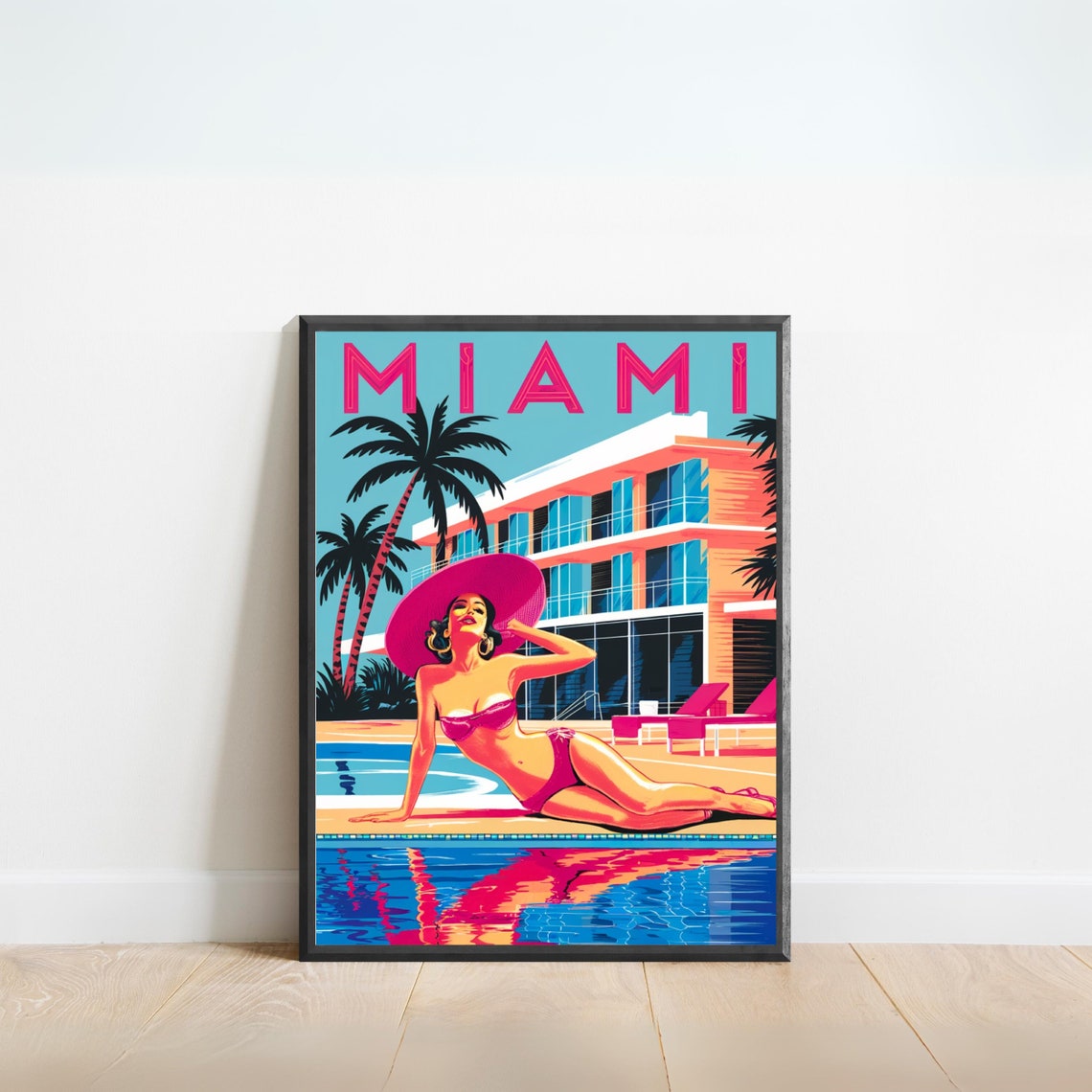 Miami Retro Poolside Pin Up Woman Pink Bikini Art Deco Poster