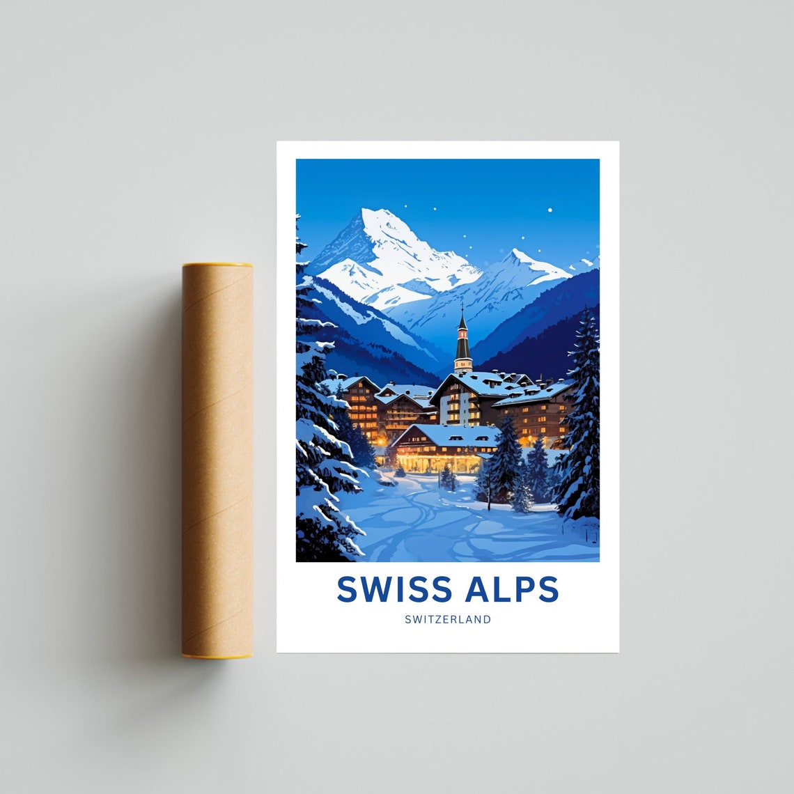 Personalized Swiss Alps Village Winter Night Snow Custom Travel Poster - Image 4