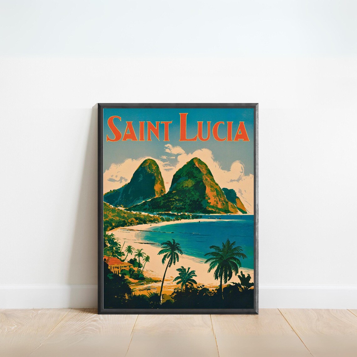 Saint Lucia Vintage Caribbean Twin Pitons Beach Palm Tree Poster
