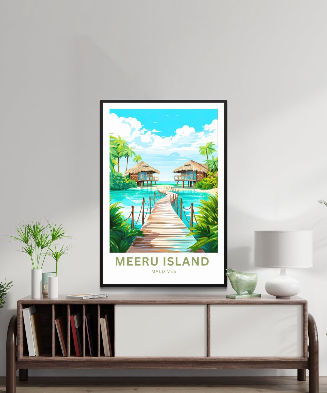 Meeru Island Maldives Jetty Bungalows Custom Text Travel Poster - Image 2
