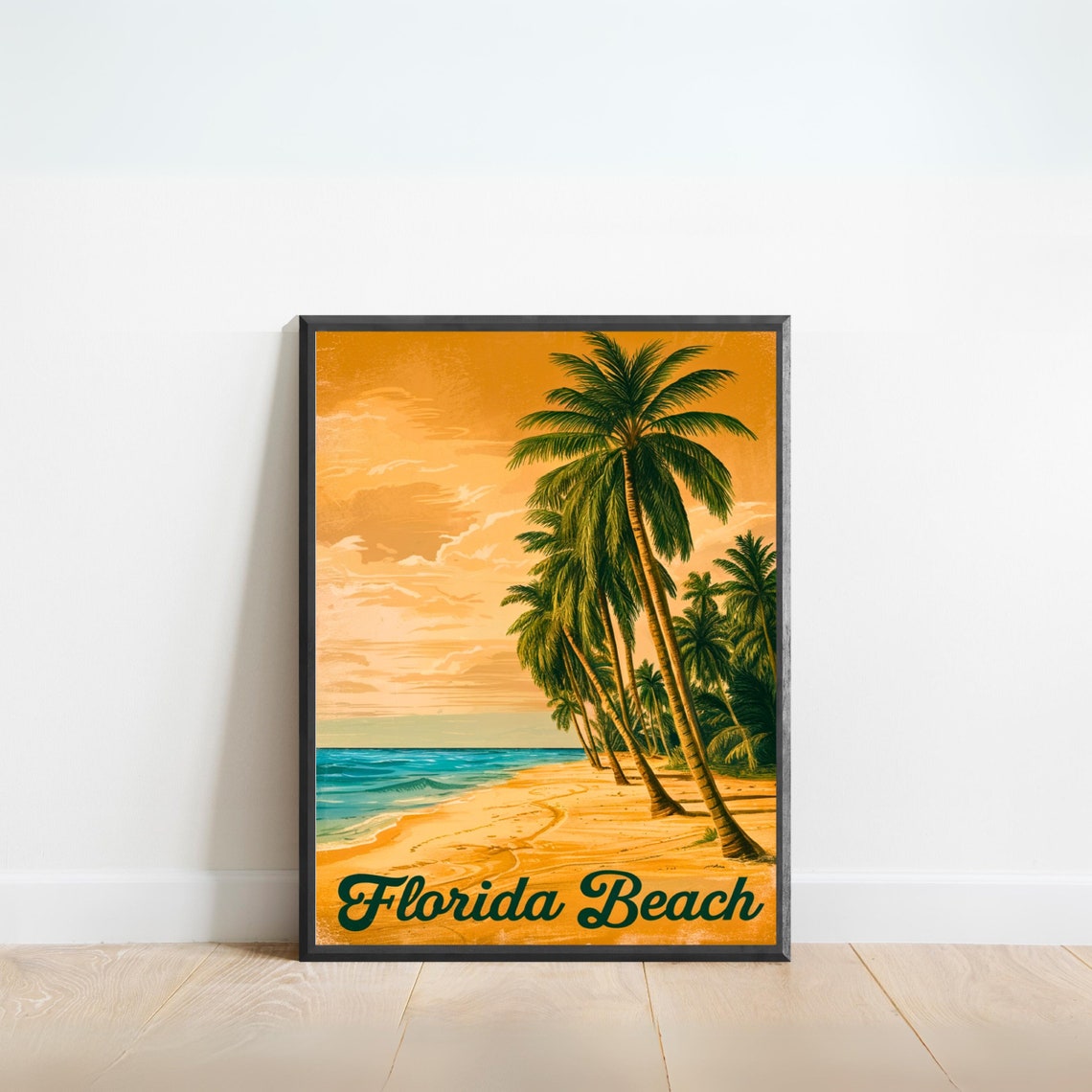 Florida Beach Palm Trees Orange Sunset Sky Retro Vintage Travel Poster