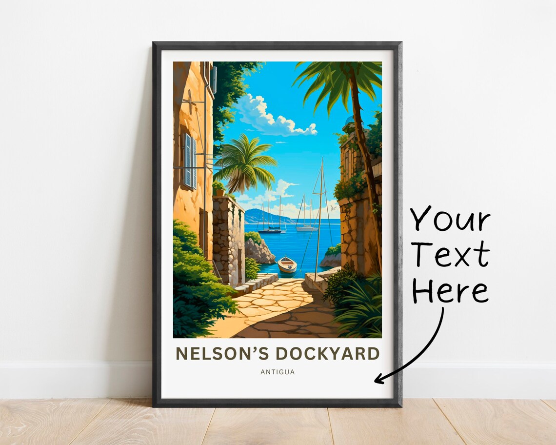 Personalized Nelson's Dockyard Antigua Travel Poster Harbor Scene Custom Text