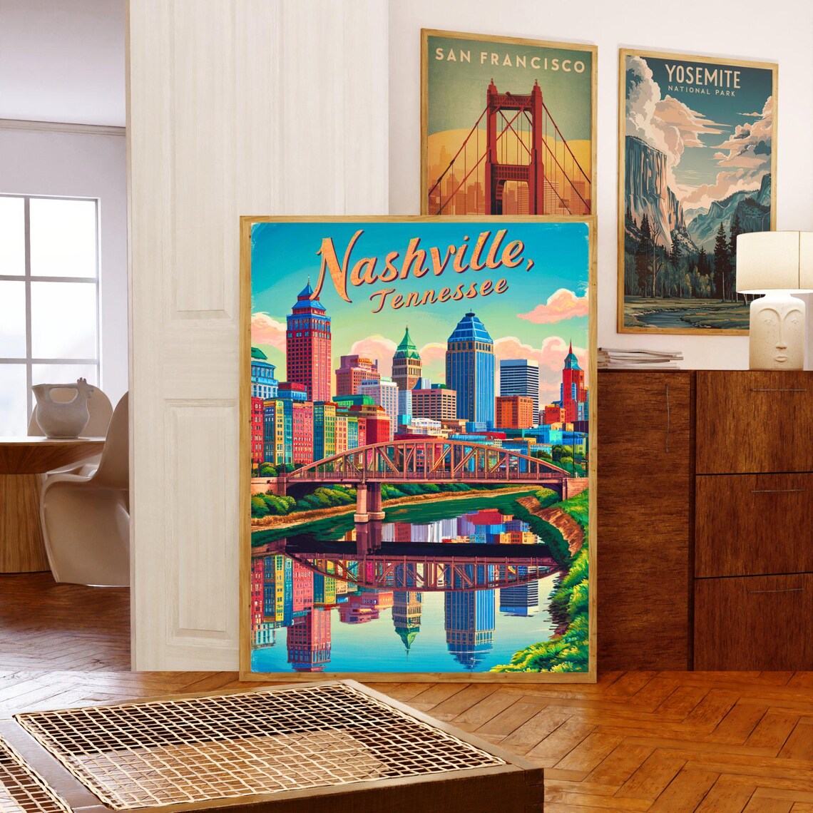 Nashville Tennessee Vintage Skyline Bridge Reflection Travel Poster - Image 5
