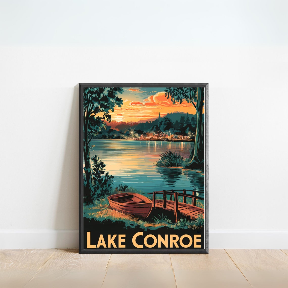 Lake Conroe Texas Vintage Sunset Waterfront Dock Boat Poster