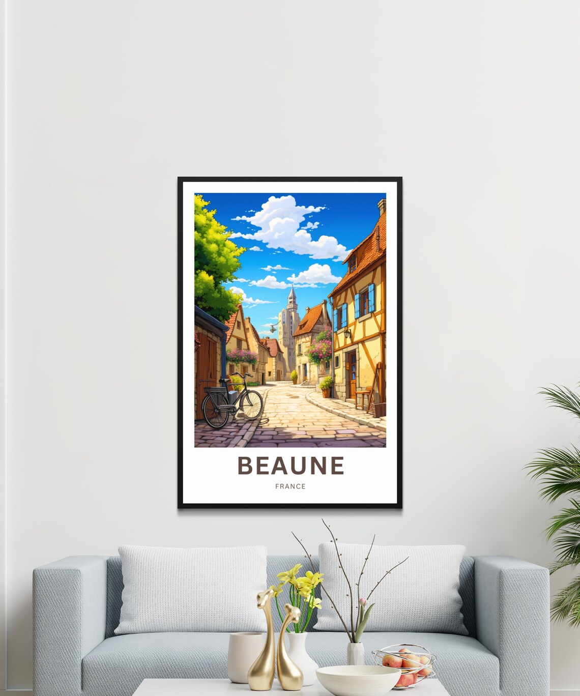 Beaune France Poster with Cobblestone Village Street and Bike Art - Image 3
