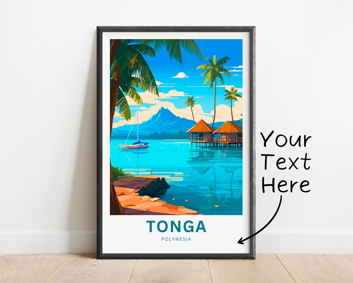 Tonga Polynesia Lagoon Overwater Huts Sailboat Tropical Scene Poster - Image 2