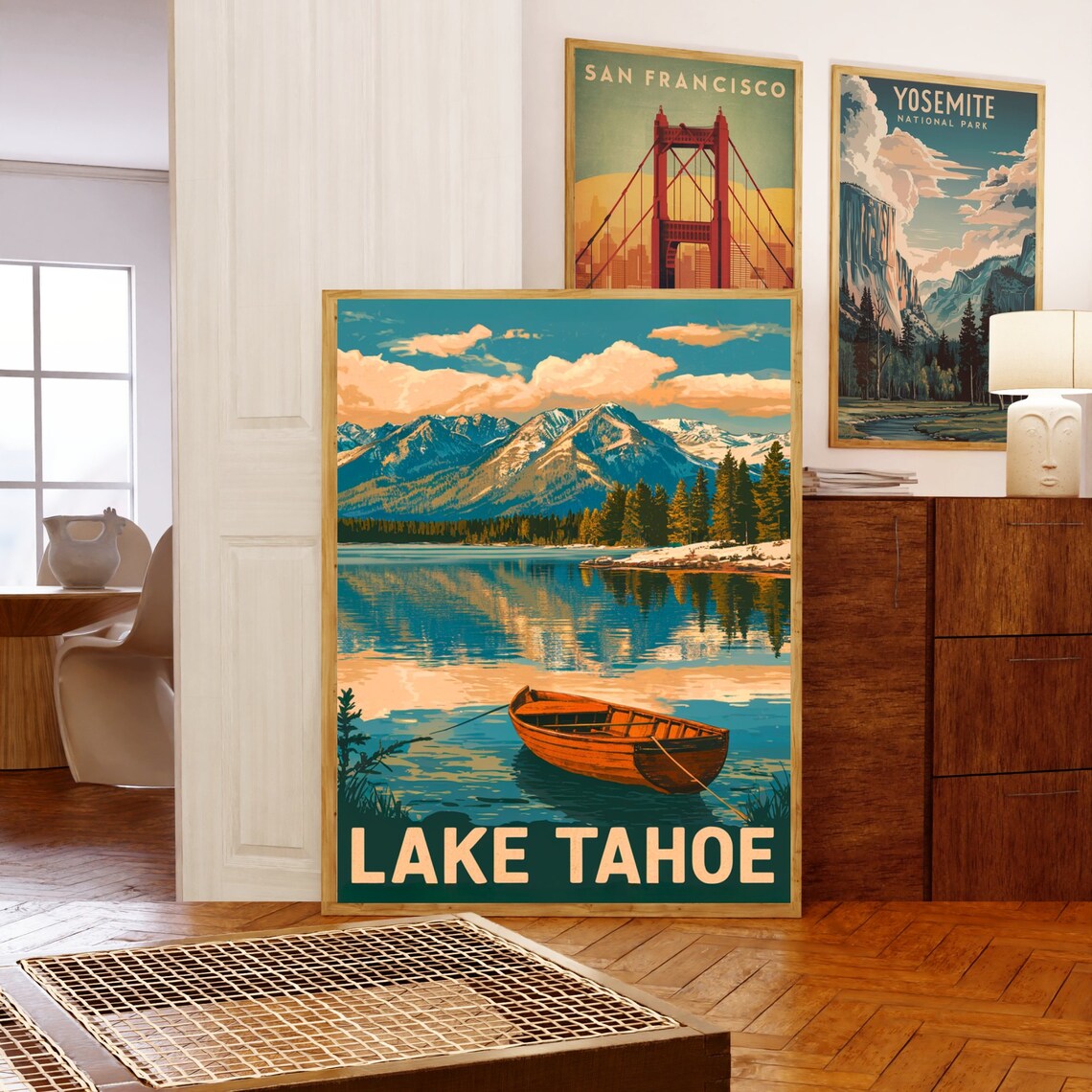 Lake Tahoe Vintage Wooden Canoe Mountain Lake Retro Travel Poster - Image 5