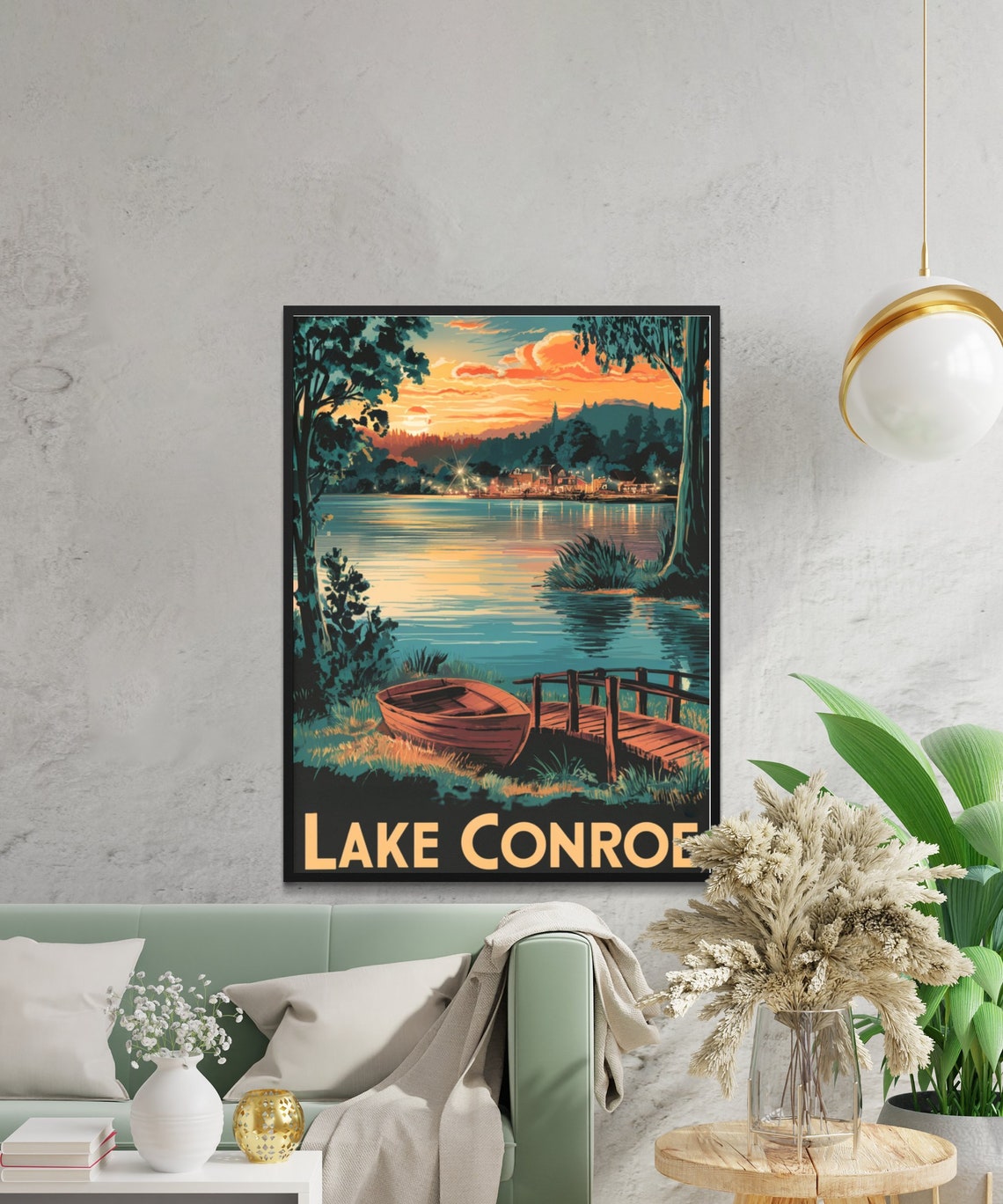 Lake Conroe Texas Vintage Sunset Waterfront Dock Boat Poster - Image 3