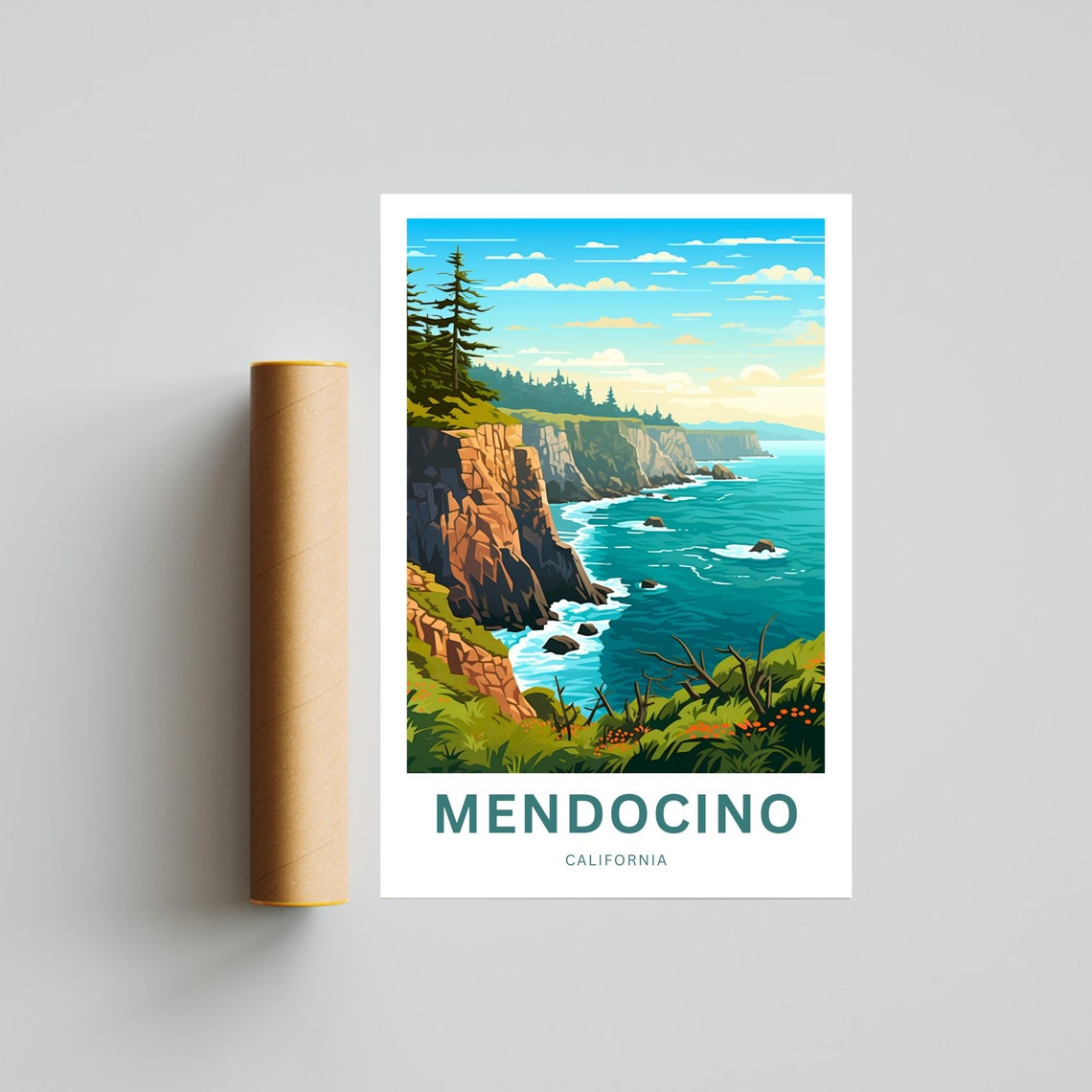 Mendocino California Rugged Cliffs Teal Ocean Vintage Travel Poster - Image 4