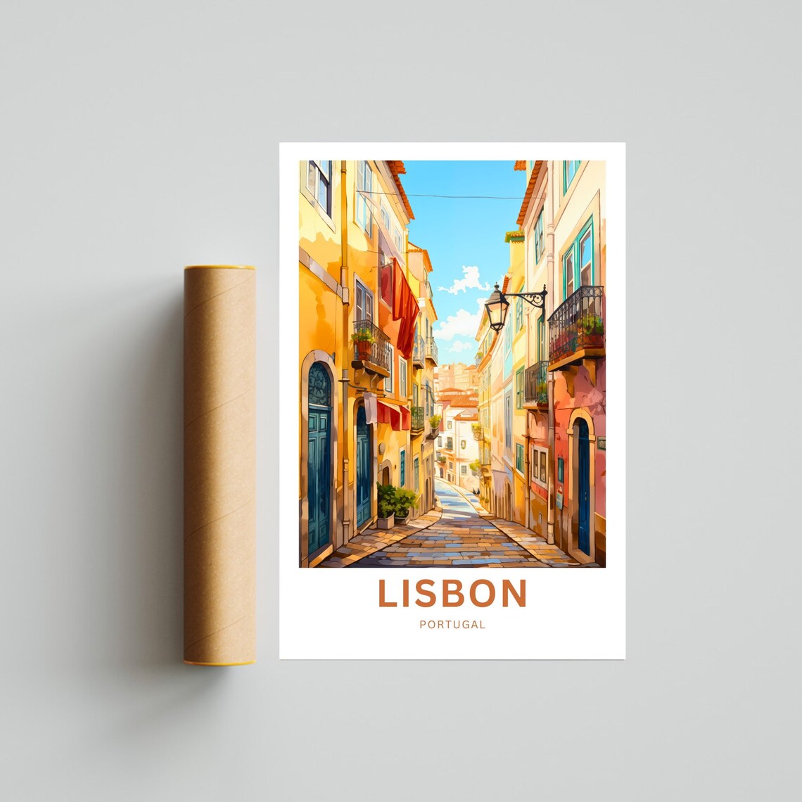 Lisbon Portugal Sunlit Old Street Lamp Posts Vintage Travel Poster - Image 4
