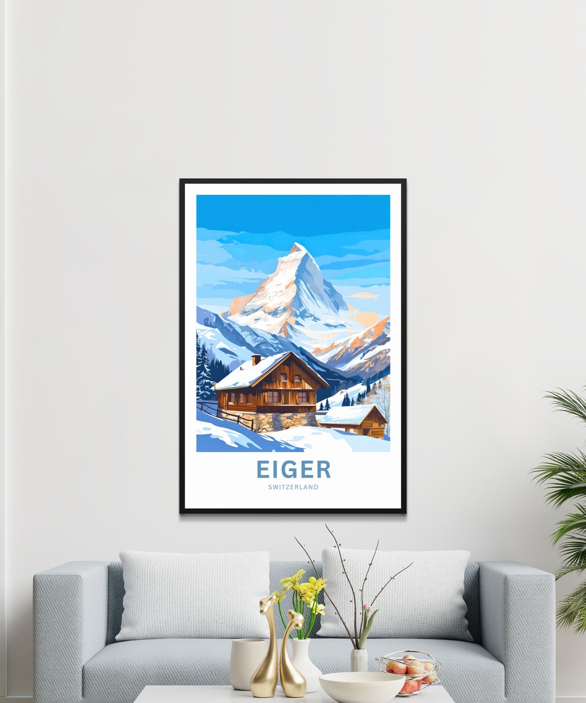 Personalized Eiger Switzerland Snowy Peak and Chalet Travel Poster - Image 3