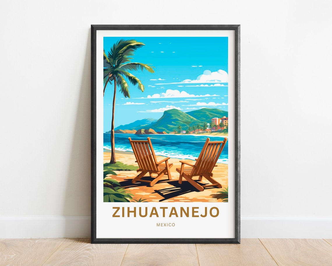 Zihuatanejo Mexico Beach Bay Mountain View Lounge Chairs Poster