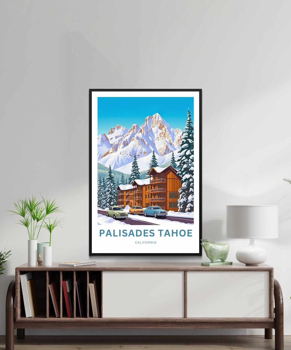 Palisades Tahoe Snowy Lodge Classic Cars Personalized Poster - Image 2