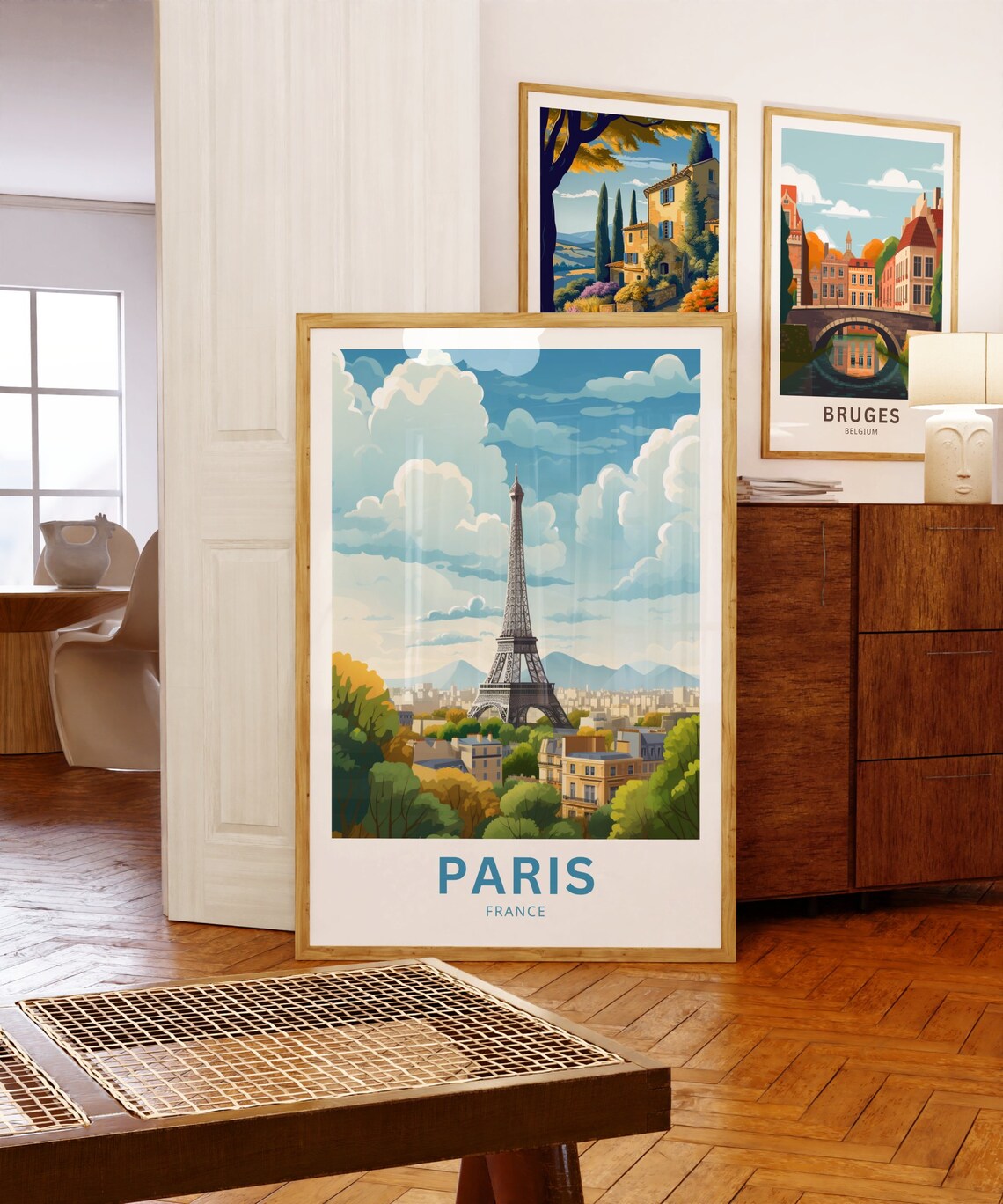 Paris France Eiffel Tower City Skyline Clouds Vintage Travel Poster
