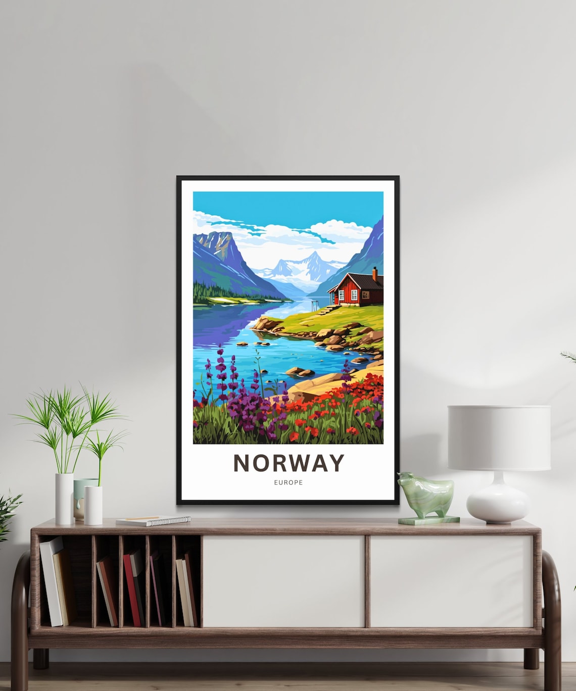 Norway Europe Travel Poster Red Mountain Cabin Wildflower Lake Scene - Image 2