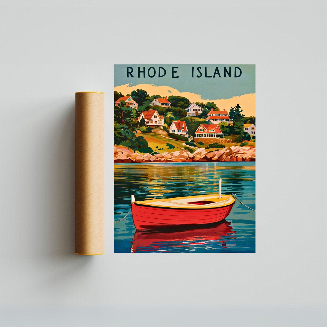 Rhode Island Harbor Red Rowboat Shoreline Cottages Vintage Poster - Image 3