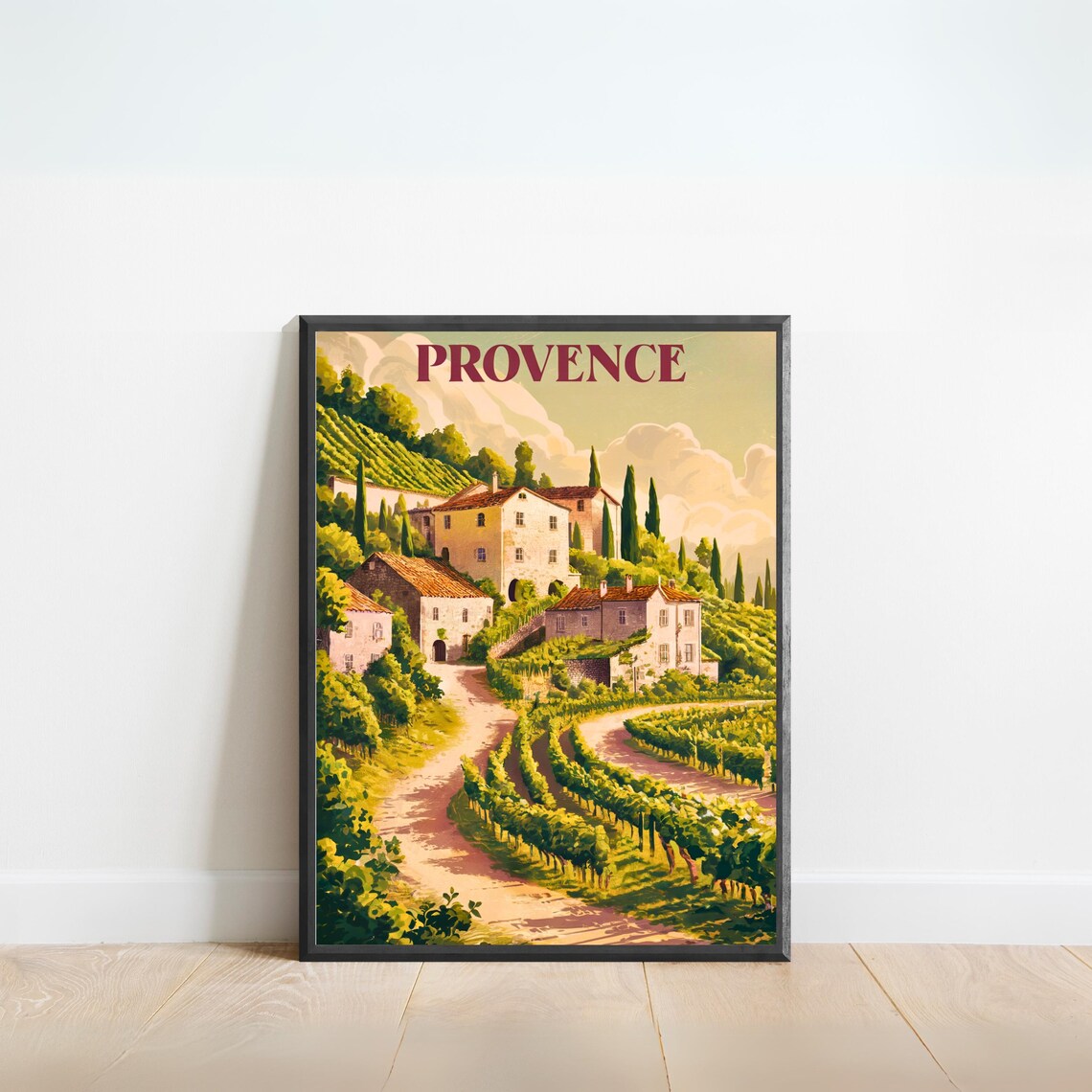 Provence Hillside Village Vineyards Cypress Trees Travel Poster