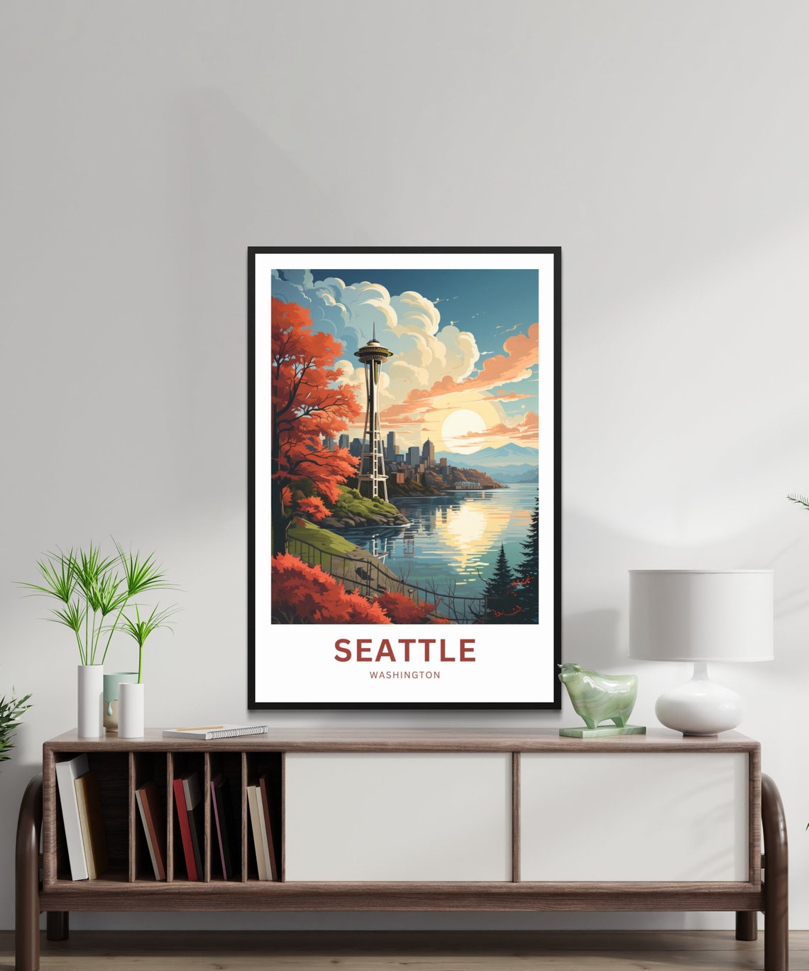 Seattle Washington Space Needle Sunset Skyline Fall Foliage Poster - Image 2