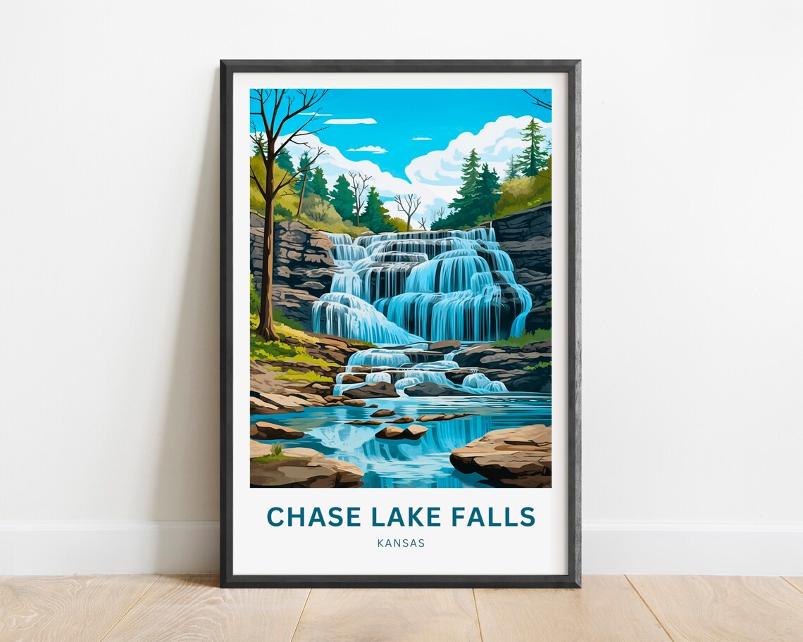 Chase Lake Falls Kansas Tiered Waterfall Forest Stream Travel Poster