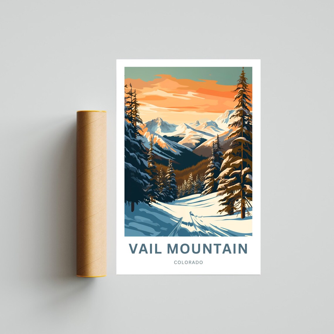 Vail Mountain Colorado Snowy Ski Slopes Sunset Travel Poster - Image 4