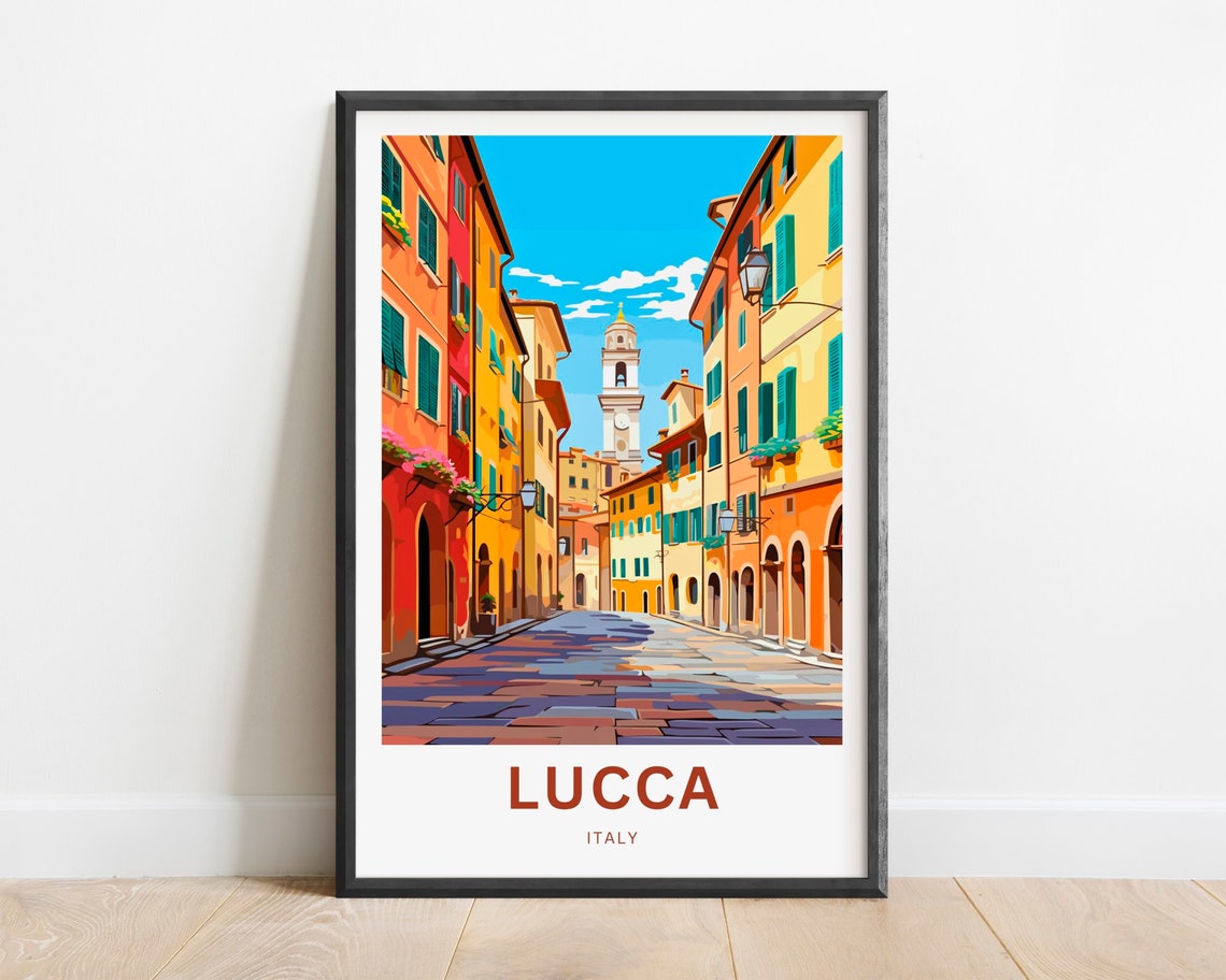 Lucca Italy Colorful Old Street White Bell Tower Travel Poster