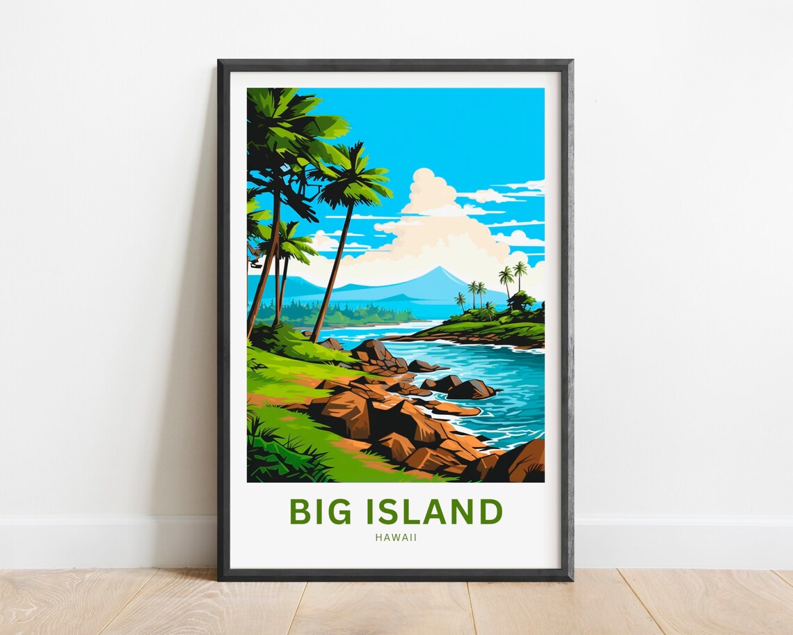 Big Island Hawaii Rocky Shore Palms Coastal Scene Travel Poster