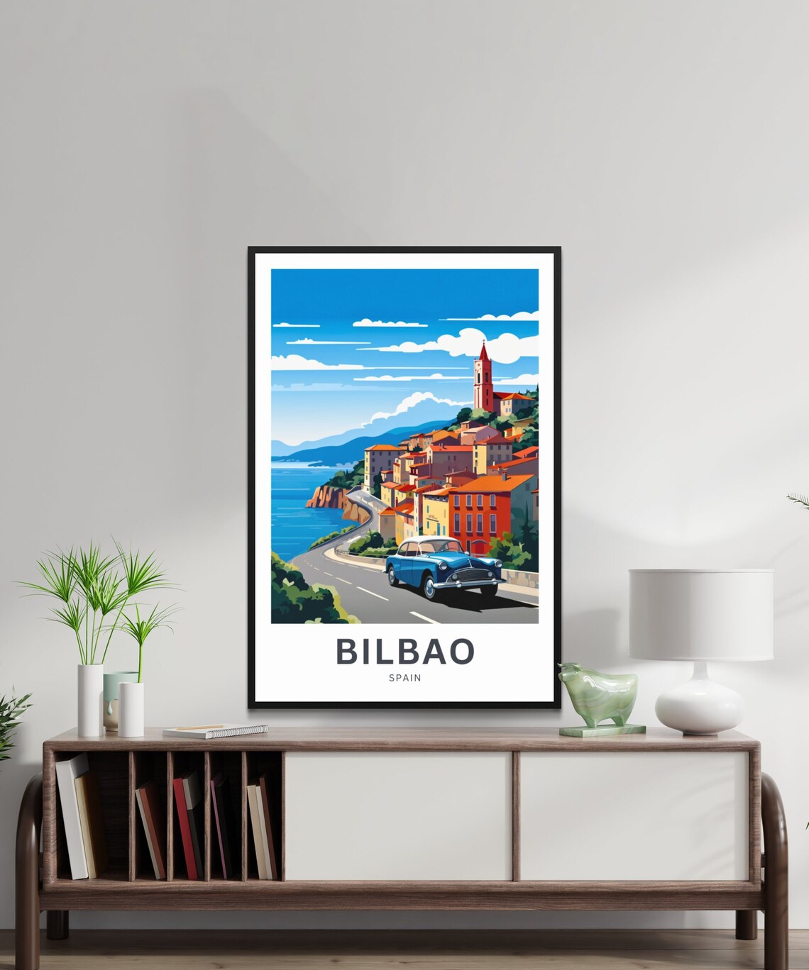 Bilbao Spain Coastal Town Vintage Car Cliffside Drive Poster - Image 2