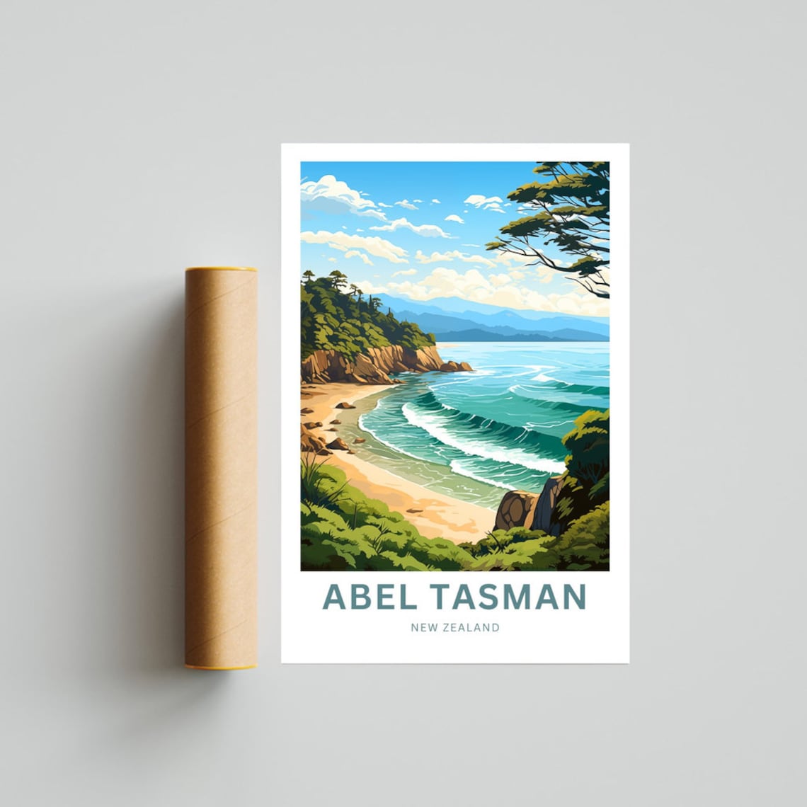 Abel Tasman New Zealand Golden Beach Cove Surfing Scene Poster - Image 4