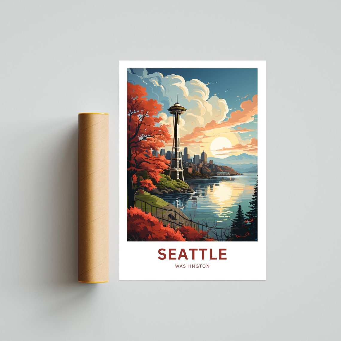 Seattle Washington Space Needle Sunset Skyline Fall Foliage Poster - Image 4
