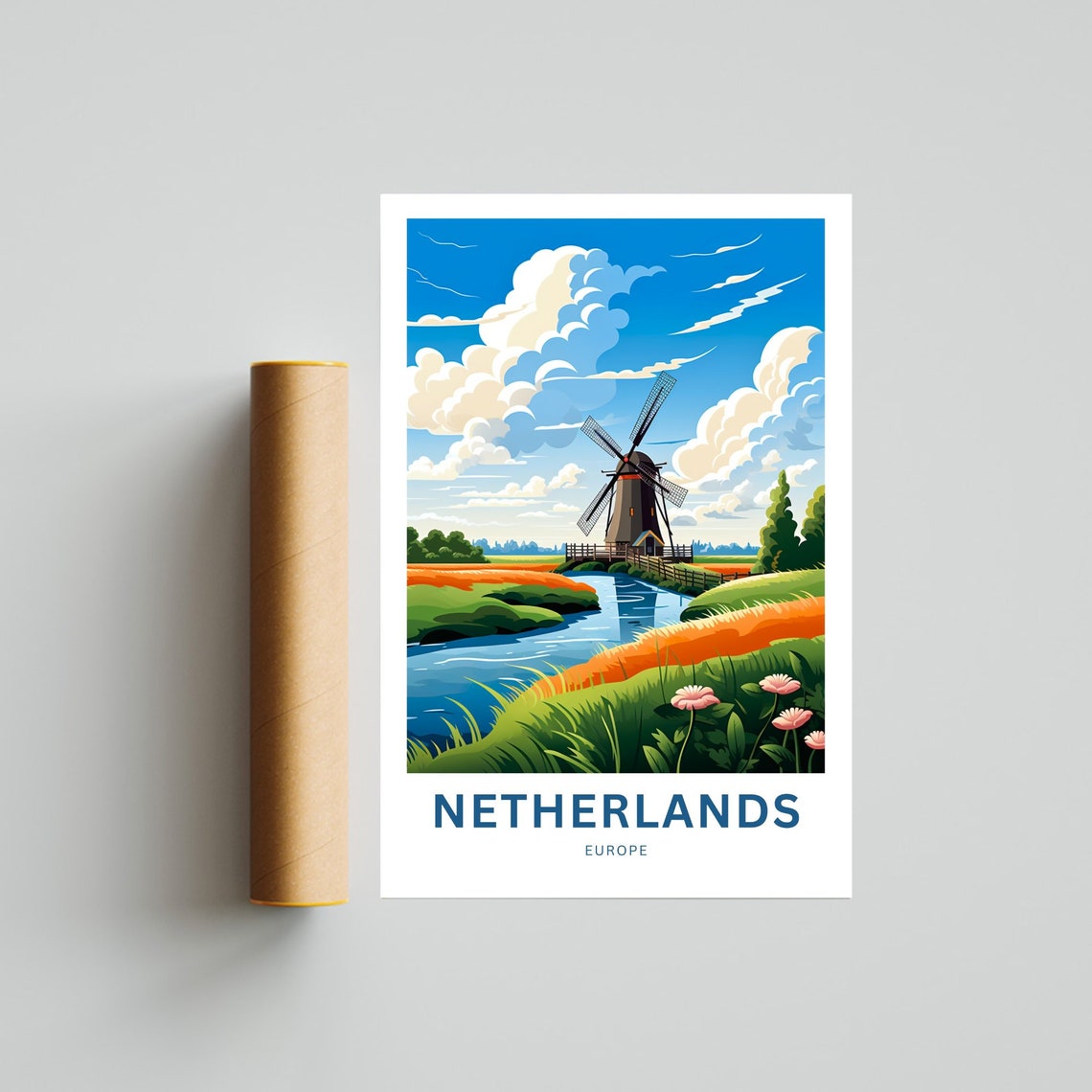 Netherlands Europe Windmill Canal Tulip Fields Travel Poster - Image 4