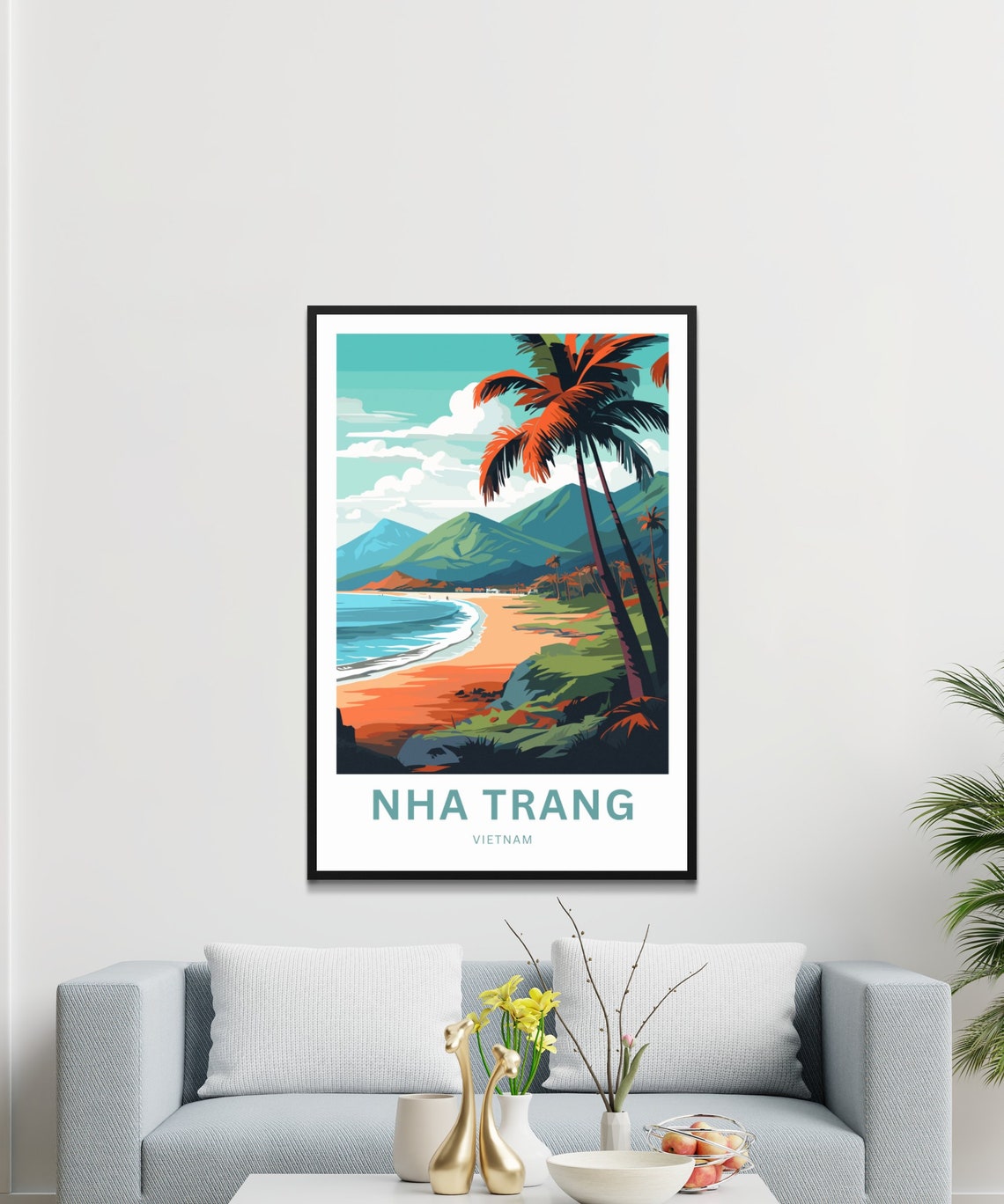 Nha Trang Vietnam Golden Beach Palms Mountain Coast Scene Poster - Image 3