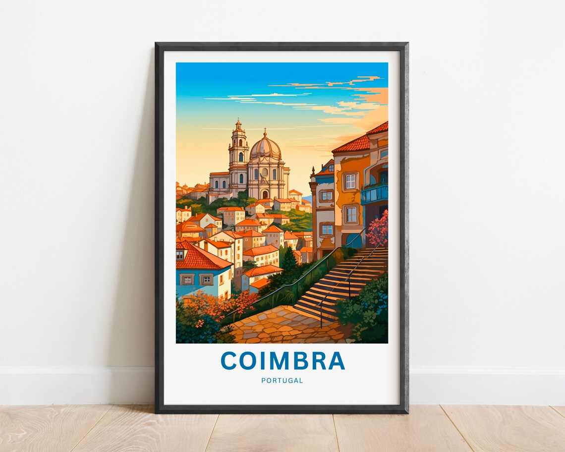 Coimbra Portugal Cathedral Stairs Sunset Old Town Travel Poster