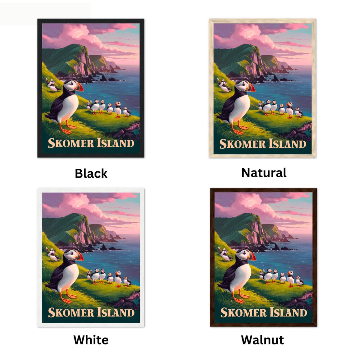 Skomer Island Wales Vintage Puffins on Cliffs at Pink Sunset Poster - Image 4
