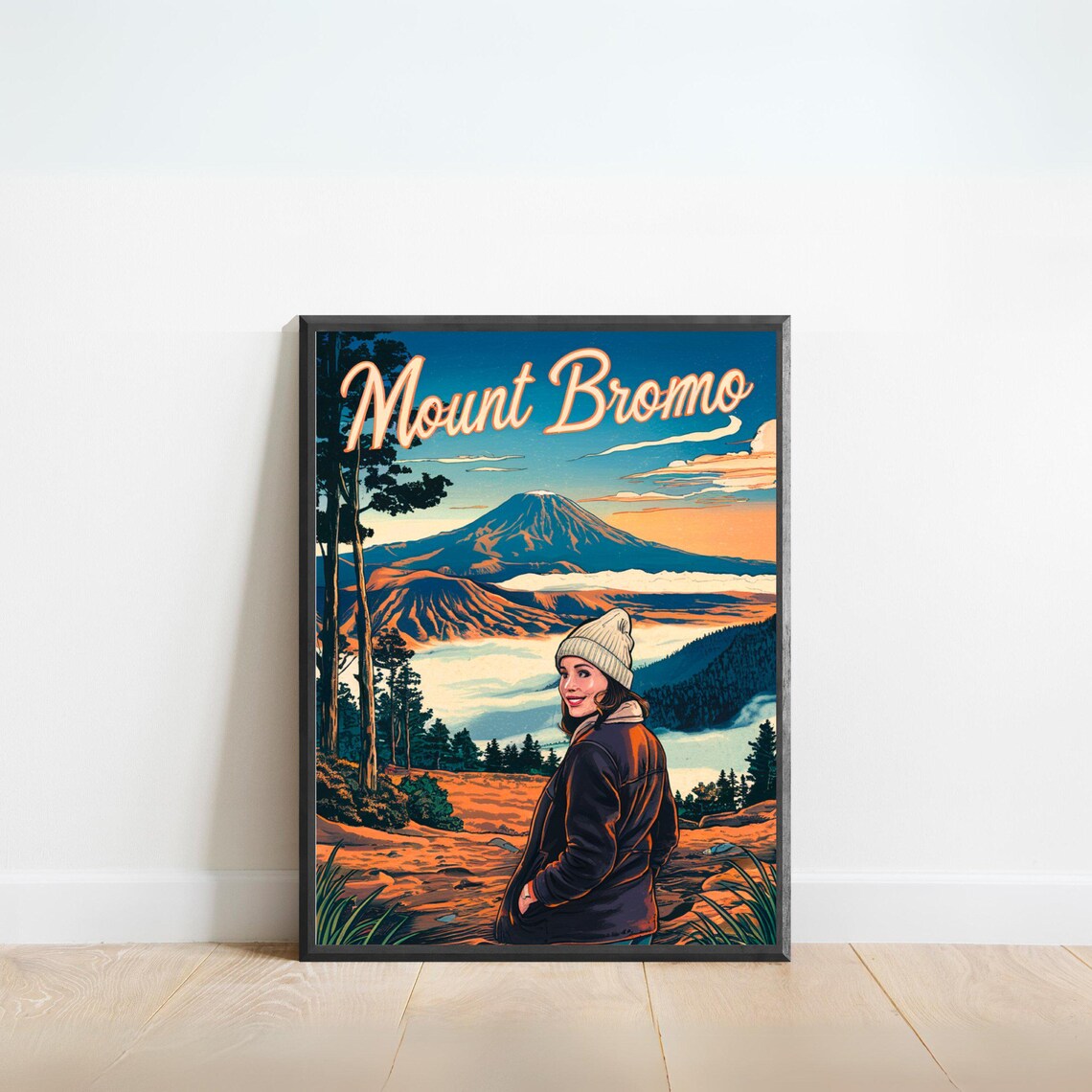 Mount Bromo Volcano Sunset View With Traveler Woman In Beanie Poster