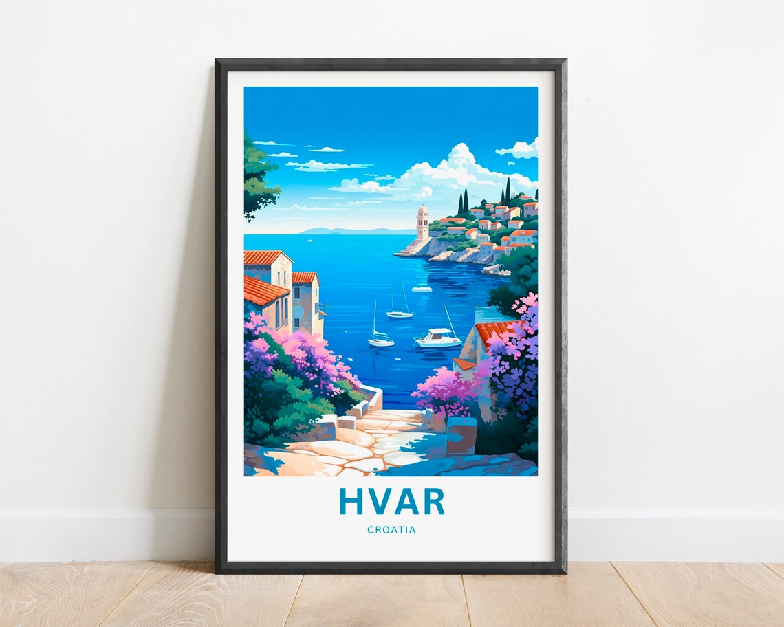 Hvar Croatia Harbor Boats Bougainvillea Coastal Travel Poster