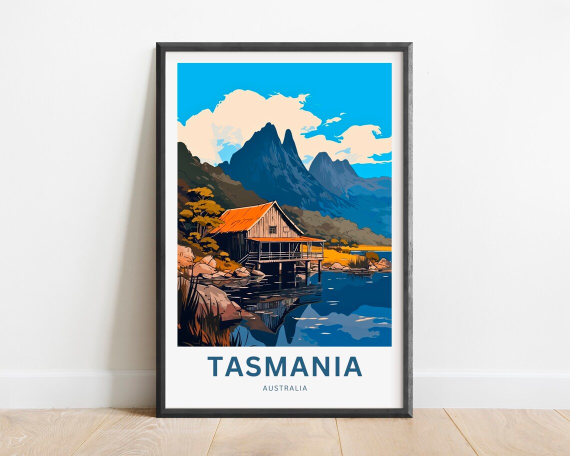 Tasmania Australia Mountain Cabin Lake Retro Travel Art Poster